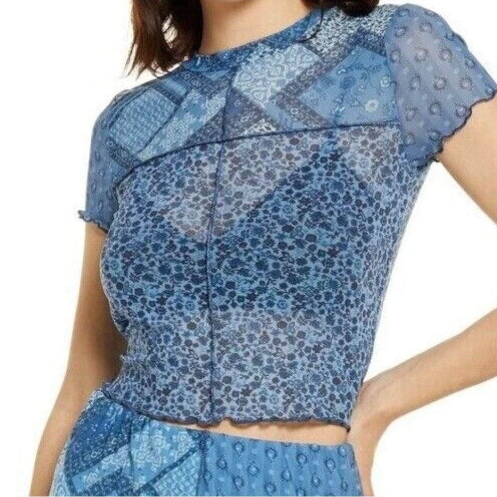 BP Nordstrom Blue Mesh Paisley Floral Cropped Sheer Top Size XL